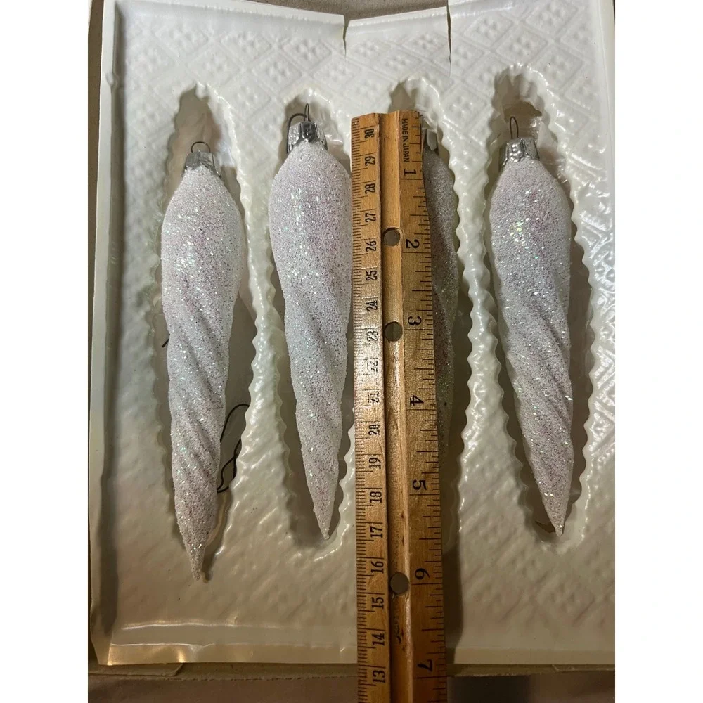 Vintage Commodore Christmas Classics Glass Icicle Ornaments White Glitter Set 4